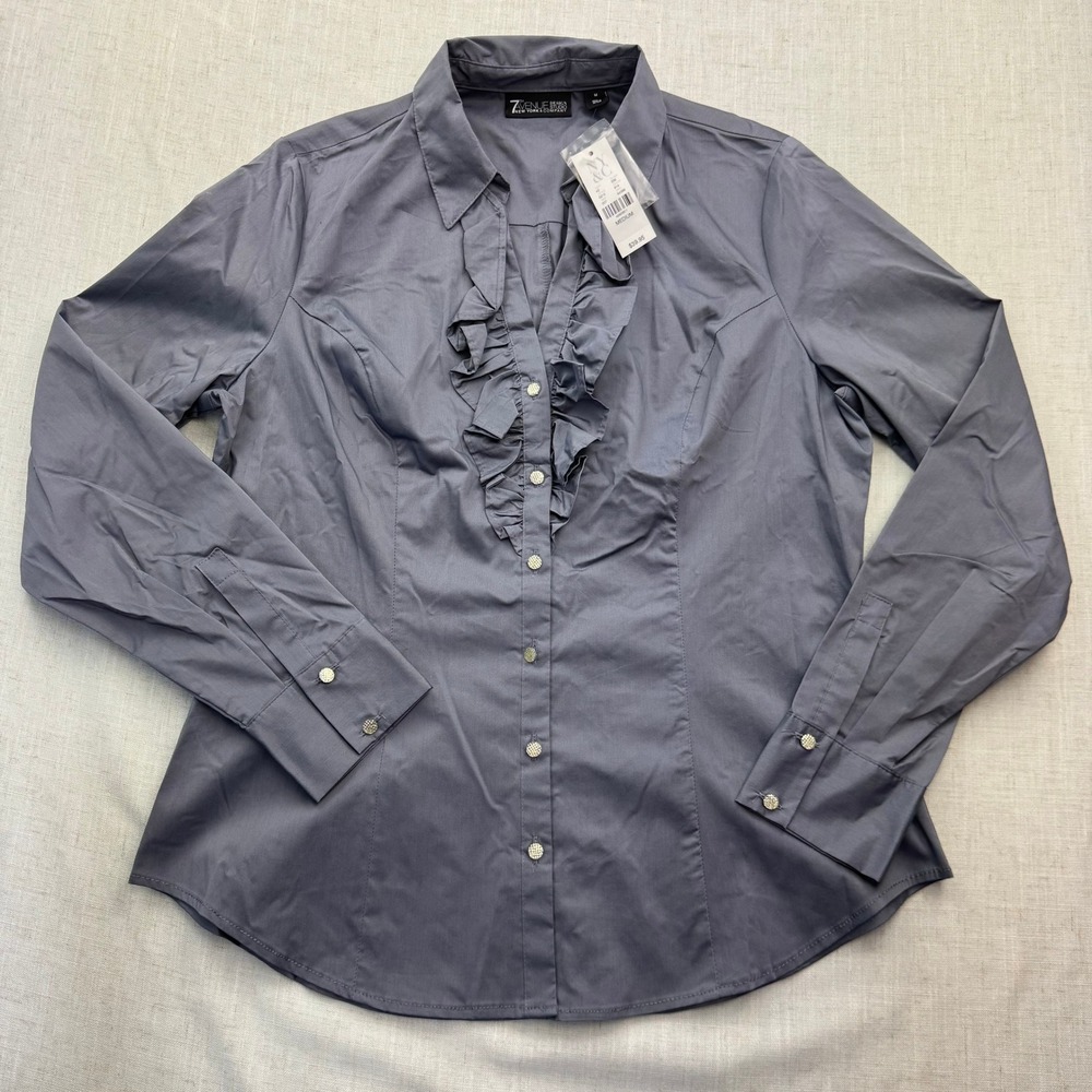 New York & Company Ruffle Blouse Women Size M Gray Rhinestone Button Officecore